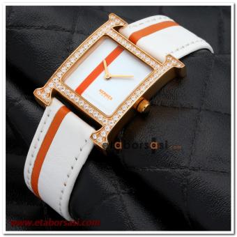 HK1795-HERMES BEYAZ KORDONLU GOLD BAYAN SAATİ