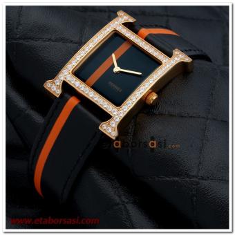 HK1798-HERMES SİYAH KORDONLU ROSE BAYAN SAATİ
