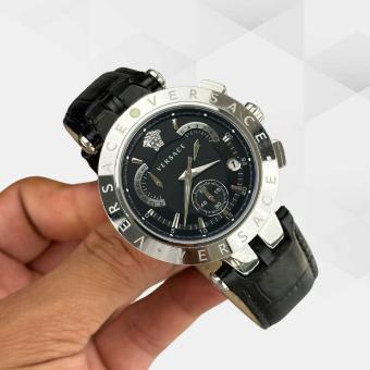 HK3109-VERSACE SİLVER  DERİ KORDON ERKEK KOL SAATİ